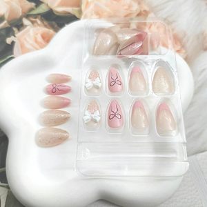 Prensa en las <span class=keywords><strong>uñas</strong></span> Almendra corta <span class=keywords><strong>con</strong></span> lazo 3D Diseños de líneas de perlas <span class=keywords><strong>Rosa</strong></span> Punta francesa Brillo Desnudo Stick en las <span class=keywords><strong>uñas</strong></span> para mujeres 24 piezas - Product Image 3