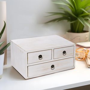 Small White <strong>Wooden</strong> Desk <strong>Storage</strong> <strong>Box</strong> 3 Wire Drawers Single Tier Rectangle Multifunction Lacquered Organization Home Office - Product Image 6