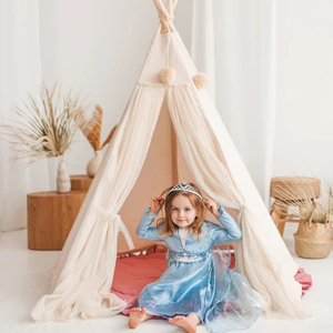 Tente de jeu <span class=keywords><strong>pour</strong></span> enfants en toile de coton naturelle, pliable, <span class=keywords><strong>pour</strong></span> intérieur, <span class=keywords><strong>tipi</strong></span> avec rideau transparent beige - Product Image 4