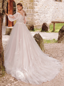 Vestidos de Novia con Escote Ilusión, Mangas Farol Completas, Corte en A, Apliques de Lentejuelas, Gran Oferta, Vestidos de Novia Largos Hasta el Suelo - Product Image 2