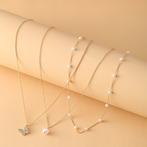 Collier multi-rangs avec pendentif papillon et perle pour femmes, ensemble de collier ras du cou, bijoux plaqués or, chaîne en alliage - Product Image 5
