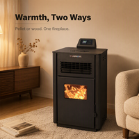 Poêle à granulés et bois à double usage, chauffage biomasse avec fenêtre d'observation de la flamme, télécommande, design français pour usage intérieur en hôtel