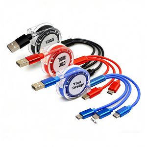 Câble de charge plat rétractable 3-en-1 personnalisé avec logo pour téléphone portable USB – Idéal pour cadeaux promotionnels (vente en gros) - Product Image 1