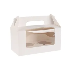 Оптовая продажа, белая коробка для десертов с 2 отверстиями, бумажные коробки для выпечки кексов, упаковка с картонной вставкой и прозрачным окном