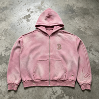 Sweat à capuche zippé rose vintage délavé, lourd, avec logo R vieilli, style streetwear, en molleton de coton délavé à l'acide et effet soleil, pour hommes, en gros