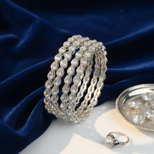 Elegant & Luxurious <b>Silver</b> Plated Crystal Stone <b>Bracelets</b> & <b>Bangles</b> Set Premium Jewelry Collection - Product Image 3