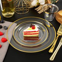 Assiettes de présentation transparentes en plastique alimentaire écologique de 13 pouces avec bordure dorée pour mariage, vente en gros, élégantes pour la restauration