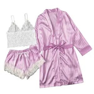 长袖女装睡衣性感蕾丝内衣睡衣3PC套装女装Pijama Mujer R1484