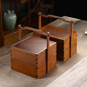 Caja de comida de bambú de doble capa, rectangular, portátil, para picnic, regalo, embalaje. - Product Image 1