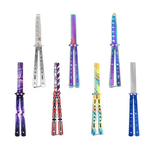 Barber Practice Training Pocket Foldable <strong>Comb</strong> Metal Stainless Steel Folding <strong>Butterfly</strong> Knife <strong>Comb</strong> - Product Image 1