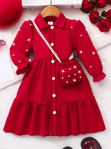 Abiti Estivi Rosa per Bambine, Nuova Moda con Maniche Corte e Design con Bottoni Luminosi, Set di <span class=keywords><strong>Abbigliamento</strong></span> per Bambine in Due Pezzi con Borsa - Product Image 3