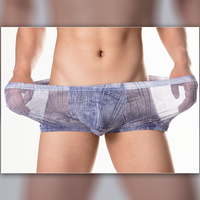 Nouveau Style Sexy sous-vêtements hommes léger haute élastique doux Denim jean imprimé maille taille basse personnalisé Boxer culotte 3165