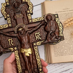 Cruz de Pared de la Sagrada Familia Ortodoxa, Cruz de Jesús Tallada a Mano con Iconos de María y Juan, Decoración de Iglesia en Madera Tono Dorado - Product Image 6