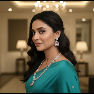 ชุดสร้อยคอและต่างหูรูปหยดน้ำสีชมพูอ่อนประดับด้วยหินรูปหยดน้ำสีชมพูอ่อนที่ล้อมรอบด้วยหินสีขาวระยิบระยับ - Product Image 1