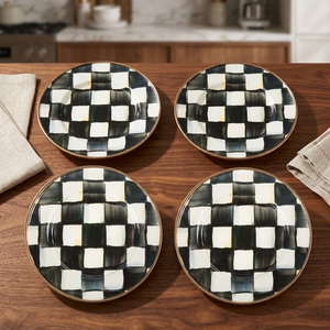Chaman India Eco-Friendly American Style Round Metal Black & White Check Enameled Coaster Set of 4 - Product Image 2