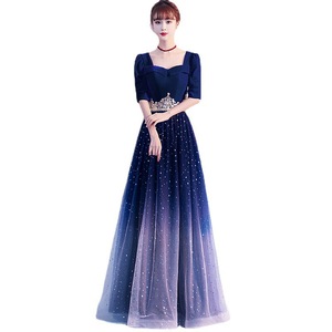 Evening Gown Women Square Neck Empire Waist Gradient Midi Dress Sheer Layer Cut Out For Wedding Banquet Choir Performance - Product Image 5