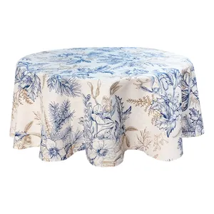 Custom Logo 58"R Polyester Cotton Blue Floral Block Print Banquet Tablecloth Birthday Round Table Cloths For Wedding Party