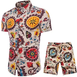 2023夏の新しいシャツスーツリネンハワイファッションメンズ半袖シャツショーツツーピースセットプラスサイズM-5XL