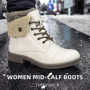 Botas de combate occidentales plegables de media pantorrilla para mujer, parte superior de PU, cierre frontal con cordones, patrón liso, forro interior, puntera plana, TPR - Product Image 2