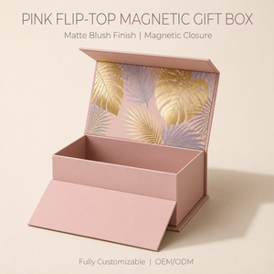 Boîte <span class=keywords><strong>cadeau</strong></span> magnétique rose poudré avec couvercle rabattable, emballage cosmétique de luxe, motif botanique en feuille d'or, pelliculage mat, écologique, personnalisable - Product Image 1