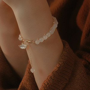 Imitation Natural White Jade Beads <b>Bracelet</b> for Women Round Ginkgo Leaf Pendant Handmade <b>Beaded</b> Crystal <b>Bracelet</b> for Women - Product Image 3