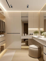 Meubles de chambre à coucher modernes et luxueux personnalisables, armoire ouverte en forme de U en panneau stratifié blanc, coiffeuse flottante pour usage hôtelier