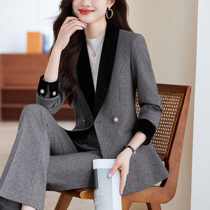 Women's Autumn Color Blocked Suit Set Solid Color Polyester Anti-Wrinkle Professional Casual Wear - Product Image 3