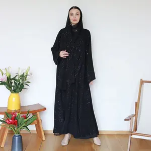 Vendita calda stock gradiente glitter abaya set all'ingrosso abito nero glitter abaya musulmano di alta qualità