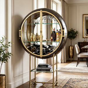Circular Fiberglass Wine <b>Bar</b> <b>Cabinet</b> Tempered Glass Door Brass Metal Base Retro Industrial for Upscale Villa Dining Space This - Product Image 6