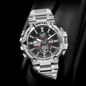 Montre chronographe analogique-numérique de luxe SMAEL 8096, étanche, lumineuse, boîtier/cadran en alliage, bracelet en acier inoxydable, alarme pour plongeurs - Product Image 1