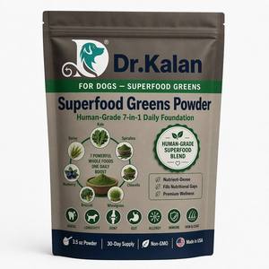 Poudre de superaliments verts biologiques Dr.Kalan 3,5 oz (kale, épinards, <span class=keywords><strong>spiruline</strong></span>) pour la digestion, l'immunité et la détoxification, complément alimentaire pour chiens, marque privée OEM - Product Image 1
