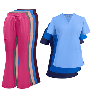 Conjunto de Uniforme Médico Elástico Premium, Pantalones Acampanados Personalizados + Top Ajustado <span class=keywords><strong>S</strong></span>ólido, Ropa de Trabajo Duradera y Suave para Hospital, Clínica, Salón de Belleza - Product Image 1
