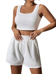 Wholesale Women Knit Two Piece Set Sleeveless Summer Casual Streetwear Outfit Screen Printing Logo - Product Image 6