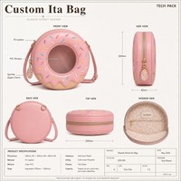 Sac Ita personnalisé en forme de donut avec fenêtre ronde en PVC, doublure crème café, sangle réglable et motif tourbillon crème fouettée à l'intérieur