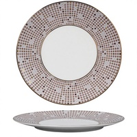 Service de Table en Porcelaine Fine à Bord Doré Mosaïque, 16 Pièces, Assiettes, Bols et Tasses Bleu Gris Rose, pour 4 Personnes