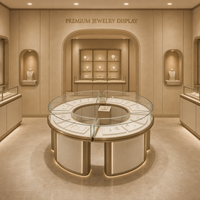 Vitrine d'îlot circulaire moderne en verre sur mesure avec éclairage LED, comptoir écologique pour bijoux en diamant et or