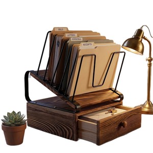 Wooden Desktop <b>File</b> Organizer Slanted Rack With <b>Drawer</b> For Office Home Use Multipurpose Storage Vertical Filing System - Product Image 5