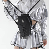 Sac à dos imperméable en forme de cercueil gothique, bandoulière détachable, fermeture éclair, simili cuir ; Sac bandoulière en polyester avec détails métalliques