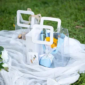 Bolsa de plástico transparente con logotipo de diseño de gran tamaño, bolsa de flores de PVC, ramo de flores de regalo transparente con mango, venta al por mayor