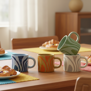 Taza de Porcelana Ecológica con Diseño Geométrico de Rayas - Personalizable con Logotipo, Apta para Lavavajillas y Microondas, Regalo Empresarial para la Mañana - Product Image 1