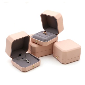 Wholesale Custom Nude Pink Octagon Jewelry <b>Box</b> Pu Leather Jewelry with Snap Button for Ring Double Ring Necklace - Product Image 1