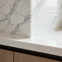 Ensemble d'armoires de cuisine de style américain de luxe en gris clair sur mesure, avec un grand îlot central et un plan de travail en quartz