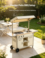Cuisine extérieure avec barbecue et évier, armoire de rangement, table latérale pliable, idéale pour la cour, le camping, la vie en plein air