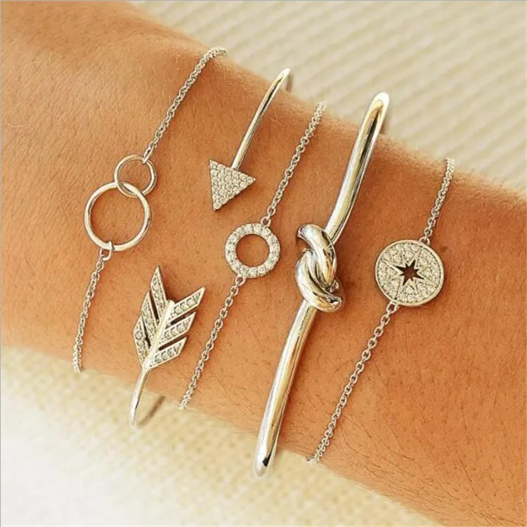 2019 Europe and America simple round circle with drill charm knots arrow opening geometric chain metal bracelet six-piece set