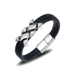 Stainless Steel Woven <b>Leather</b> <b>Bracelet</b> Men's Geometric Design CE539 Gift Jewelry - Product Image 1