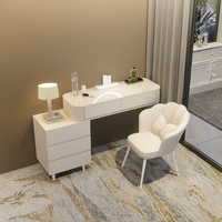 Ensemble de coiffeuse moderne blanc avec miroir LED éclairé, tabouret et 3 tiroirs, meuble de maquillage mural pour chambre et salle de bain