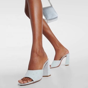 Sandales à talons carrés épais en jean avec strass pour femme, style mules, idéales pour le bureau - Product Image 2