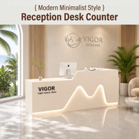 Bureau d'accueil de style minimaliste moderne, blanc crème, avec logo lumineux, adapté aux clubs de beauté médicale, aux salons, personnalisable