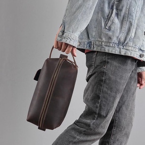 Genuine Leather Zipper Men Dopp Kit Dad Fathers Day <strong>Groomsmen</strong> <strong>Gifts</strong> Durable Large Capacity Vintage Personalized Toiletry <strong>Bag</strong> - Product Image 4