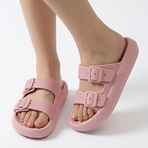 Sandales compensées tendance 2026 pour femme, rose clair, <span class=keywords><strong>à</strong></span> double bride et boucle, pour l'extérieur et la plage, personnalisables avec logo OEM - Product Image 1